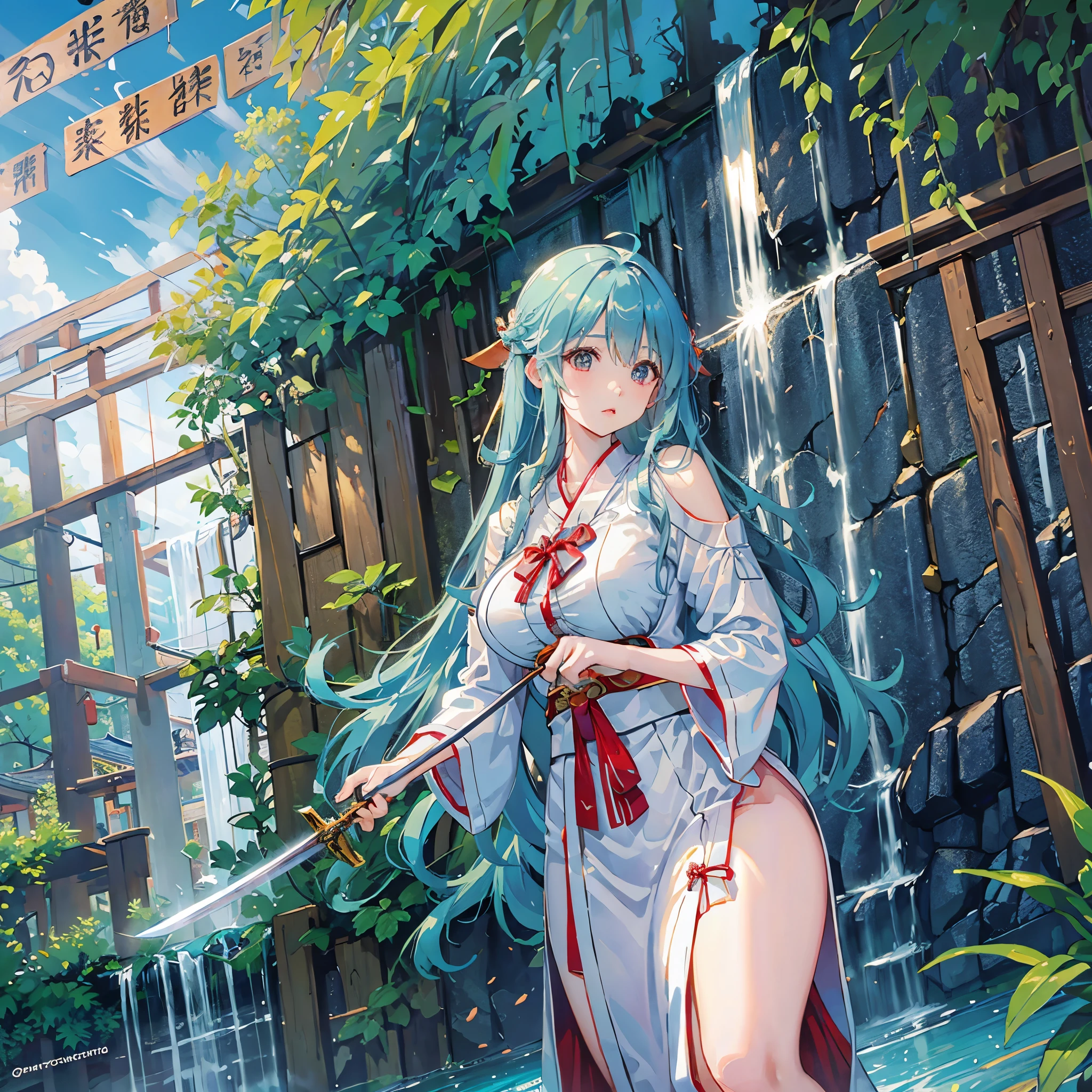 Big Breasts,Light blue hair,Shrine Maiden&#39;s Clothing,waterfall,sword,Beautiful eyes,Has limbs,ring