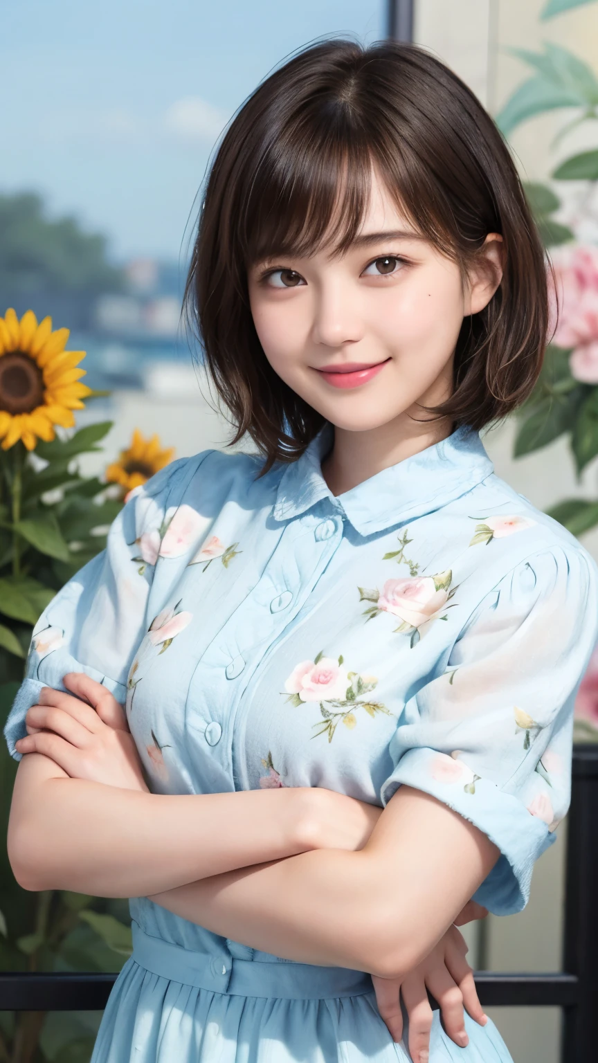 215 Short Hair, 20-year-old woman, A kind smile, Floral、The bust looks larger