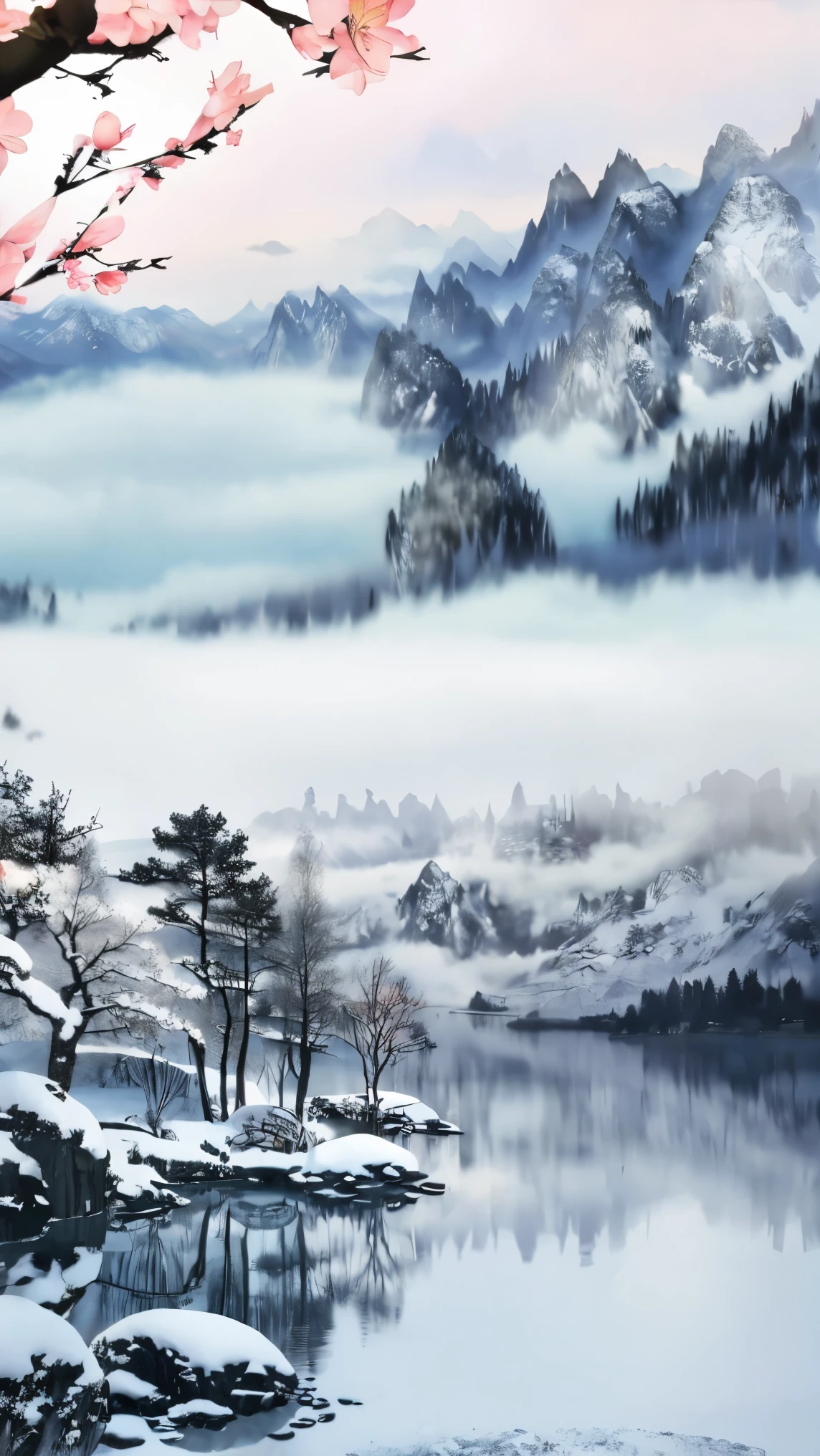 Flowers, snow, Mountains, Trees, Branches, soloist, Cherry blossoms, mist, landscape, 