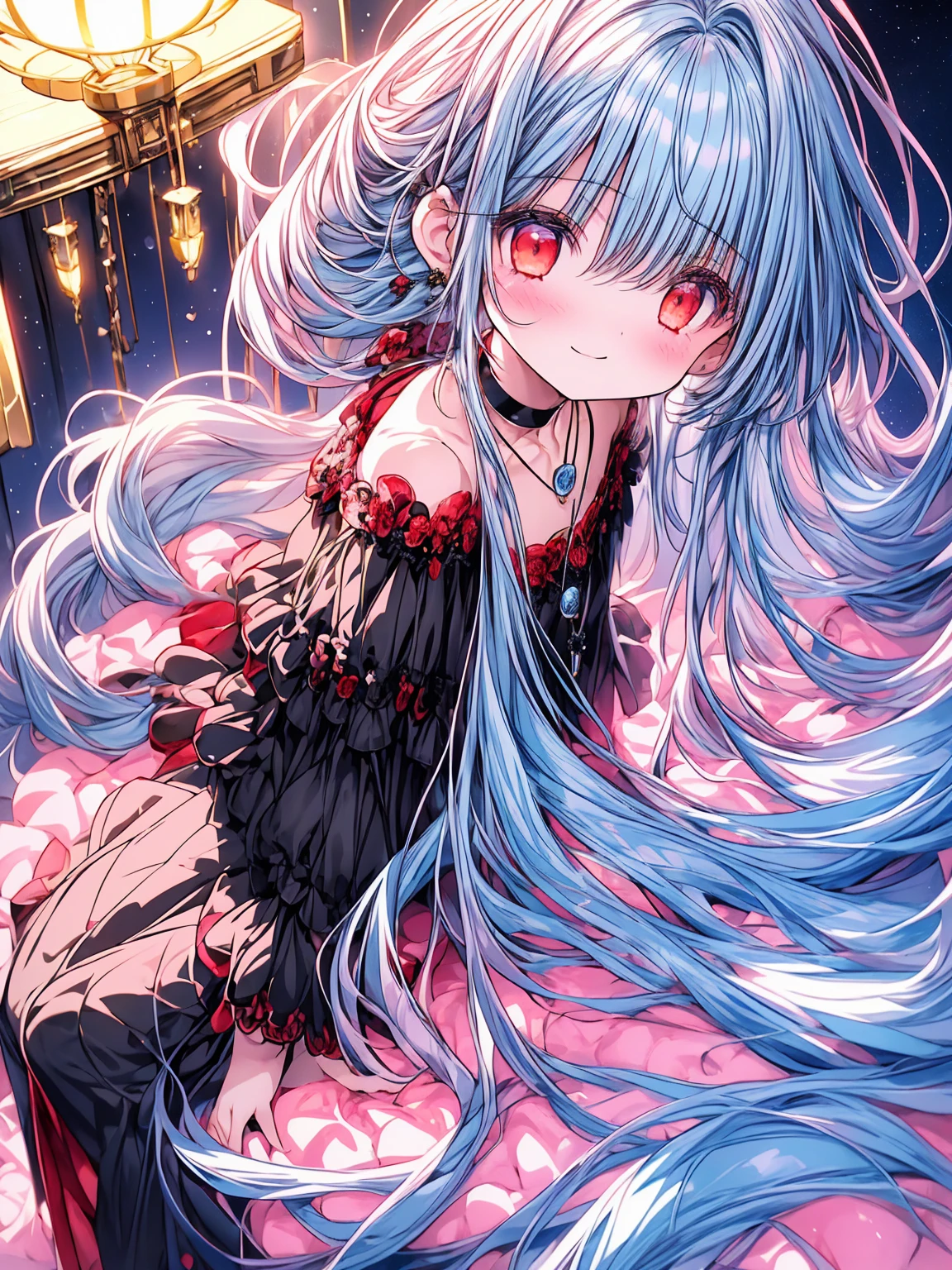 Masterpiece, best quality, extremely detailed, (illustration, official art: 1.1), (((((1 girl))))), ((light blue long hair))), light blue hair, 10 years old,  ((blush)), cute face, big eyes, tareme, masterpiece, best quality, ((a very delicate and beautiful girl)))), ,  girl,amazing, beautiful detailed eyes, blunt bangs (((little delicate girl)))), tareme (true beautiful: 1.2),, small girl,  and sweet,(Composition looking up from a low position)、,1girl,, night light, purple flower hairpin, double layer choker necklaces, purple gem earings, ,sweat:1.2、、Wet eyeini dress))、off shoulders、thighs thighs thighs thighs、 Longhaire、,blush,Happy smile,(((Bedrooms))),((Night view)),(chromatic abberation:1.3),Dynamic Angle,Looking at Viewer,Lie down 、temptation 、, (open arms for viewer, want to hug viewer, blushing red cheeks:1.5)(extremely detailed CG unity 8k wallpaper), (((ultra-detailed))), ((extremely detailed)), (((best illustration))), best illumination, ((extremely delicate and beautiful)), ((an extremely delicate and beautiful girl)), colorful, modern city, ((1 girl, solo:1.9)), {{finely detailed beautiful eyes and detailed face}}, expressionless, extra long hair,   (((intricate details))), (Black sexy and elegant dress :1.5), medium height black boots, ((black choker with red pendent:1.5)), red spider lily mark on neck, sitting, bishoujo, full-body 