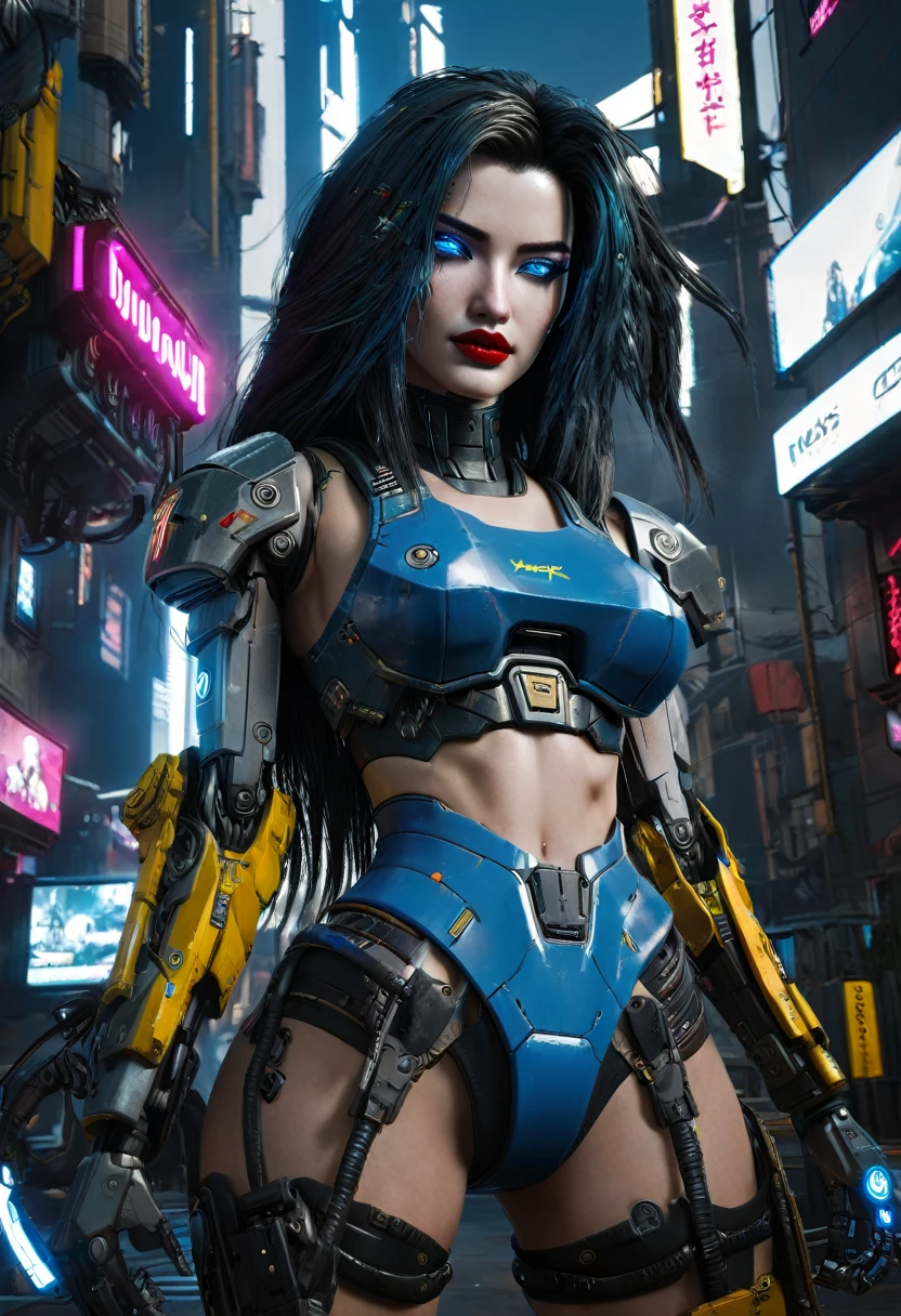 Hyper realistic photo Realism CG 8K mecha cyberpunk 2077, perfect face, thin curved eyebrows, eyeliner, dark eye shadow, vibrant lipstick, perfect makeup, long luscious hair, Mecha cyborg arms, tattered croptop, slinder perky breast, short booty shorts, (butt crack:1.0), mecha cyborg legs, in the world of Cyberpunk 2077, neon blue sapphire eyes,