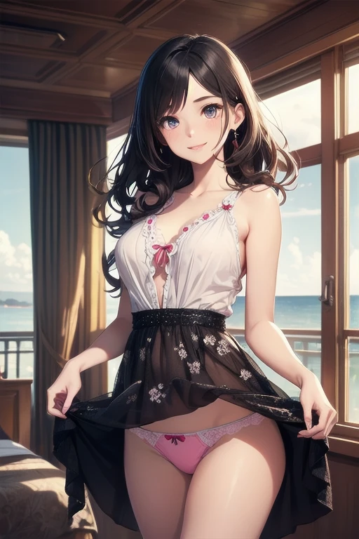 very cute and beautiful girl standing near window,floral White sexy summer dress with detailed frills,sleeveless,(skirt lift,pink panties), (highly detailed beautiful face and eyes:1.2),antique hotel bedroom with outside view,distant trees and ocean, cowboy shot,smile,medium hair,black hair,dynamic angle,(best quality,masterpiece:1.2),(intricate details), extremely detailed,highres,1 girl,solo,natural lighting,light particles,beautiful detailed sky,