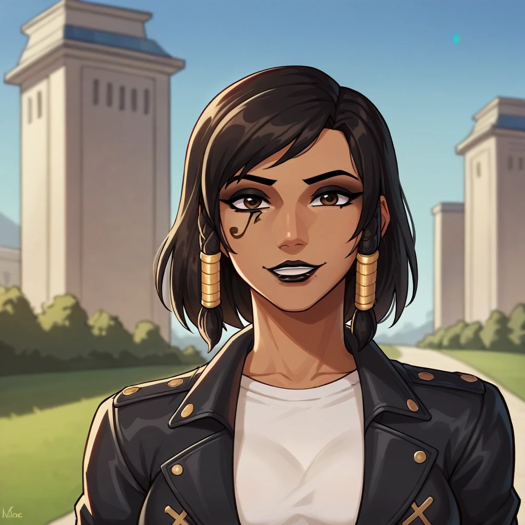 score_9, score_8_up, score_7_up, (best quality:1.1), (masterpiece:1.4), close up, portrait, dept of field, BREAK, solo, Pharah(Overwatch), black lipstick, brown eyes, black eye shadow, black eyeliner, black hair, dark skin, smiling, BREAK, Egyptian clothing, outdoor, Egyptian temple, best quality, amazing quality, very aesthetic, absurdres,"
