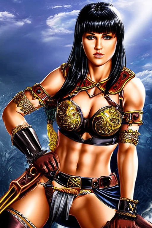 score_9, score_8_up, score_7_up, score_6_up, score_5_up, 1girl, Lucy Lawless, Xena: Warrior Princess, armor bra, exposed midriff, leather skirt, black hair, blue eyes, (insanely detailed, beautiful detailed face, masterpiece, best quality) 
