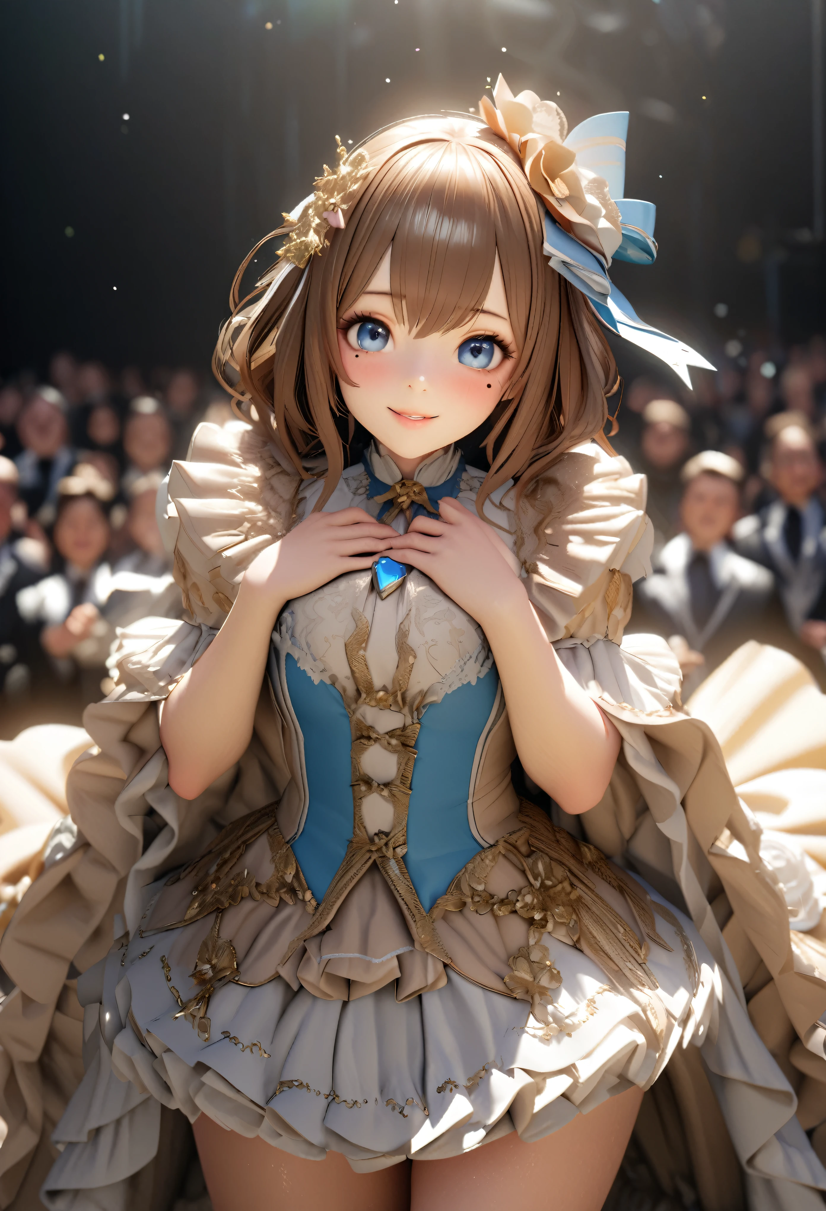 One Girl、Looking at the audience、
Beautiful Blue Eyes、Brown long hair、Mole under the eye、Plump and glossy lips、Heart-shaped choca、Idol、smile、ー、。.。.。.。.。.。.。.。.。.。.。.。.。.。.。.。.。.。.3D、Realistic、
Princess dress with too many frills、Short skirt、Drape clothes、gem、The decoration has been removed、Floral、Lace trim、bright stage、
masterpiece、highest quality、8k、Detailed skin texture、Detailed cloth texture、Beautifully detailed face、Intricate details、Very detailed、
超A high resolution、8K Ultra HD、Film Grain、Best Shadow、delicate、Staring at the audience、front