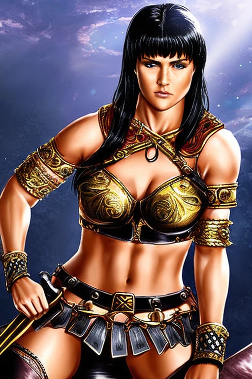 score_9, score_8_up, score_7_up, score_6_up, score_5_up, 1girl, Lucy Lawless, Xena: Warrior Princess, armor bra, exposed midriff, leather skirt, black hair, blue eyes, (insanely detailed, beautiful detailed face, masterpiece, best quality) 