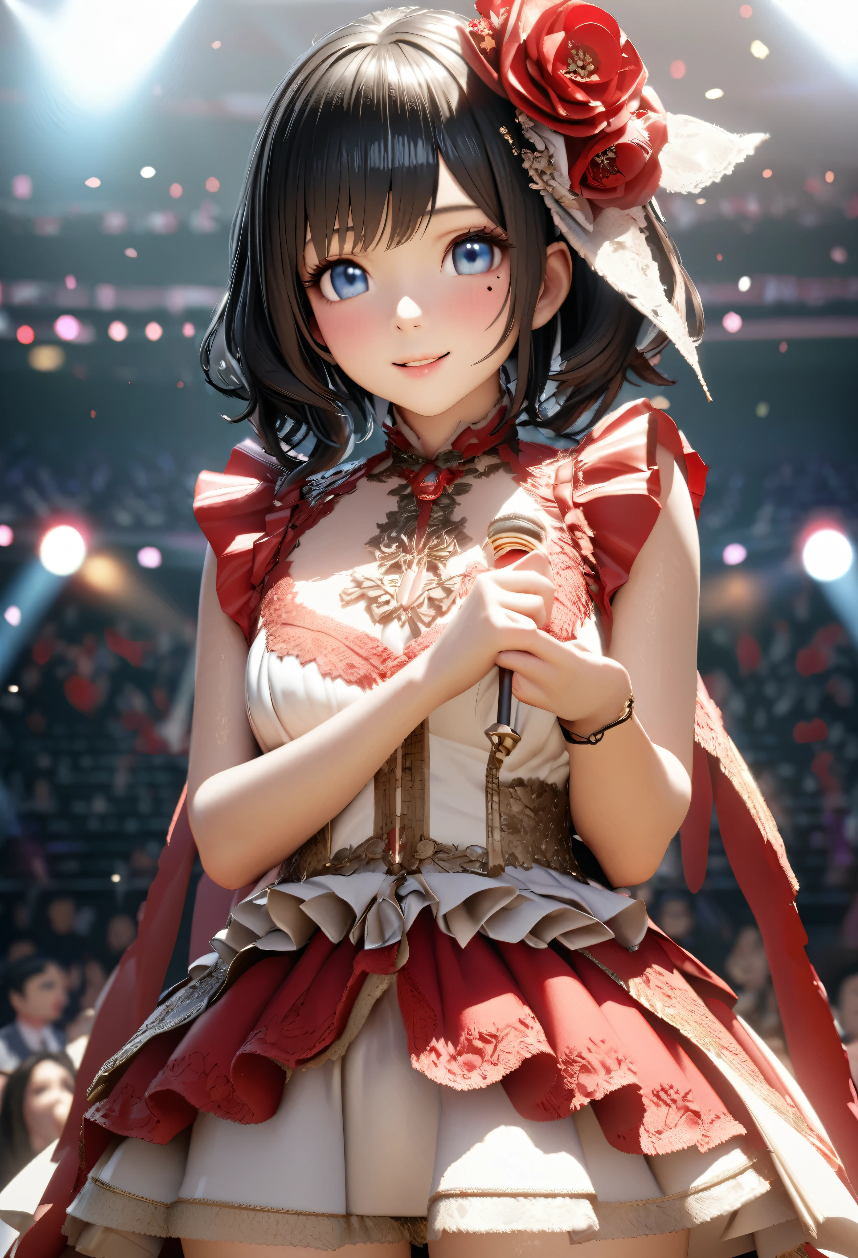 One Girl、Looking at the audience、
Beautiful pink eyes、Brown short hair,Mole under the eye、Plump and glossy lips、Heart-shaped choca、Idol、Her name is Rico,smile、ー、。.。.。.。.。.。.。.。.。.。.。.。.。.。.。.。.。.。.3D、Realistic、
IDOL costumes、Short skirt,Drape clothes、gem、Floral、Lace trim,On a glittering stage、
masterpiece、highest quality、8k、Detailed skin texture、Detailed cloth texture、Beautifully detailed face、Intricate details、Very detailed、
超A high resolution、8k Ultra HD、Film Grain、Best Shadow、delicate、Gazing at the audience、front