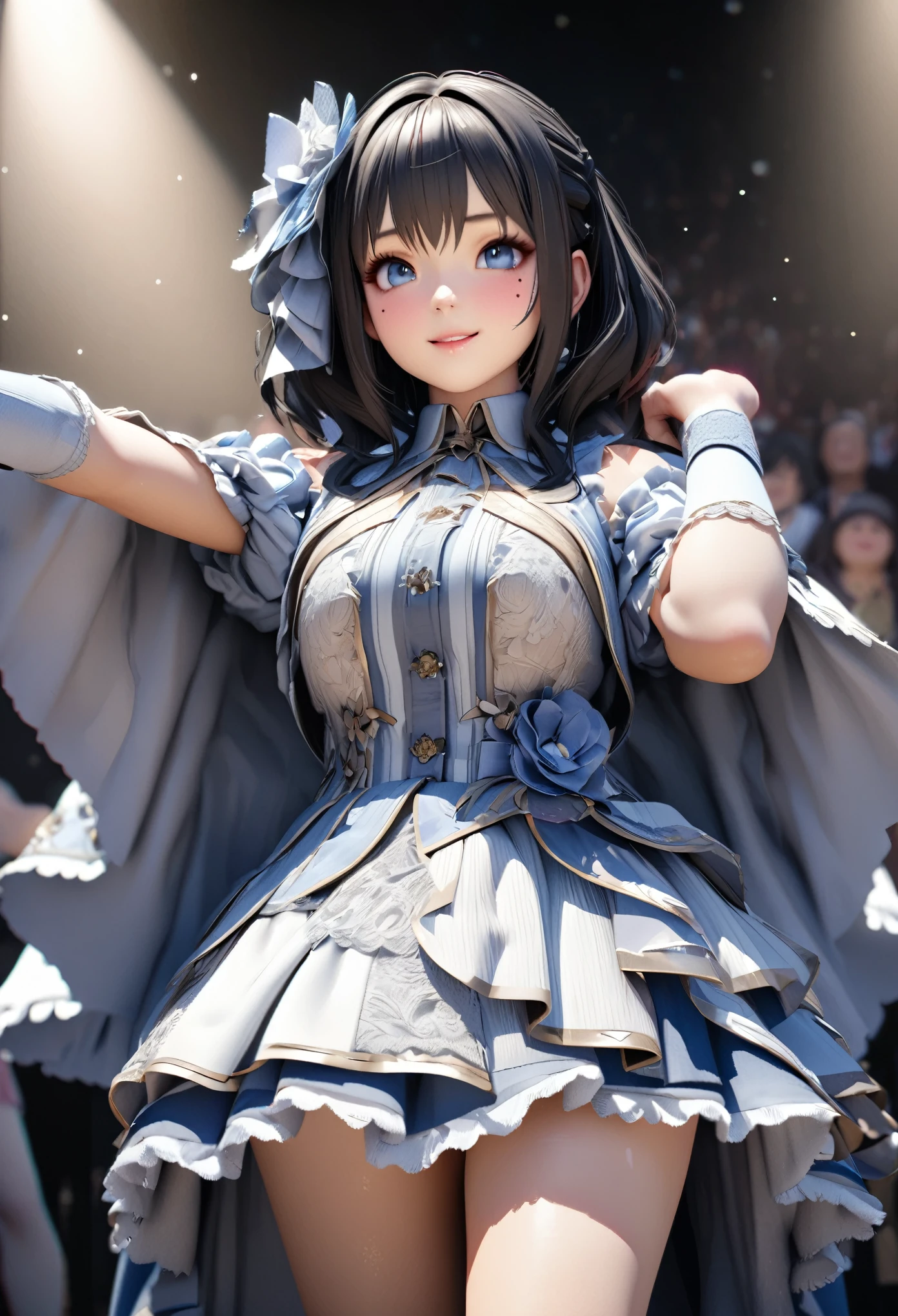 One Girl、Looking at the audience、
Beautiful Blue Eyes、Short black hair、Mole under the eye、Plump and glossy lips、Heart-shaped choca、Idol、smile、ー、。.。.。.。.。.。.。.。.。.。.。.。.。.。.。.。.。.。.3D、Realistic、
Princess dress with too many frills、Short skirt、Drape clothes、gem、The decoration has been removed、Floral、Lace trim、bright stage、
masterpiece、highest quality、8k、Detailed skin texture、Detailed cloth texture、Beautifully detailed face、Intricate details、Very detailed、
超A high resolution、8K Ultra HD、Film Grain、Best Shadow、delicate、Staring at the audience、front