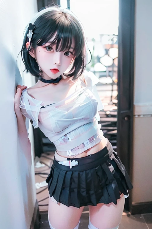 ((highest quality)), ((masterpiece)),Perfect Face,Very very cute girl,alone,((Black hair half-up)),JC,Japanese,(Small breasts:1.9),Thin legs,(White blouse:1.8),(black short skirt:1.8)