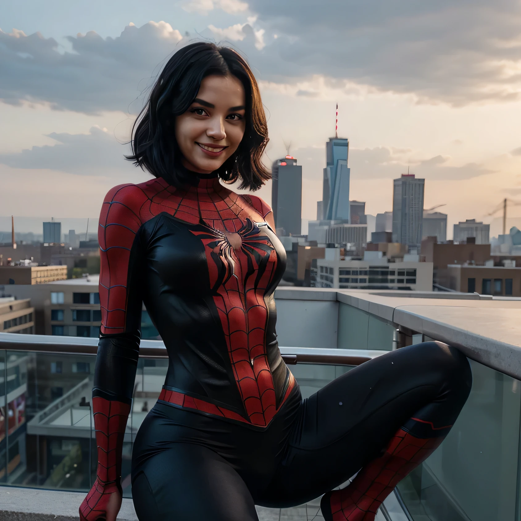 woman, smile, black hair, dressed as spider-man, large bust, wide hips, dynamic pose, looking at camera, looking at viewer, city background