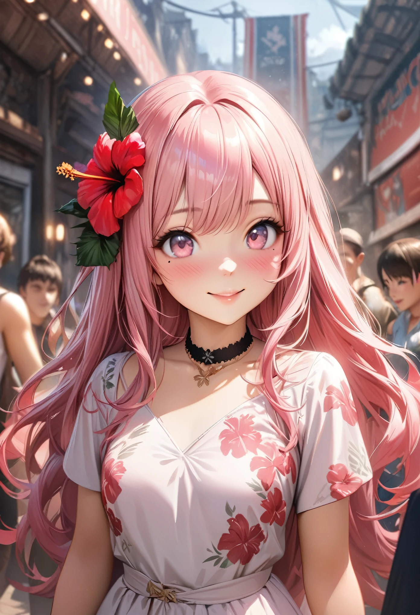 masterpiece, higst quality, highly detailed, high resolution, an high resolution, high resolution, 4k, 8k, unity 8k wallpaper, highly detailed cg, masterpiece, realistic, beautiful detail, depth, fine texture, hig hisst st quality: 1.3, total concentration, crisp skin, him, very cute anime, cute like an idol, tall pink long hair, one girl, Hawaiian dress, greeting, hibiscus hair accessory, smile, long pink hair, whole body , Mole under his eye, line sight, high, blush, lips parted, he art, pink eyes, choker