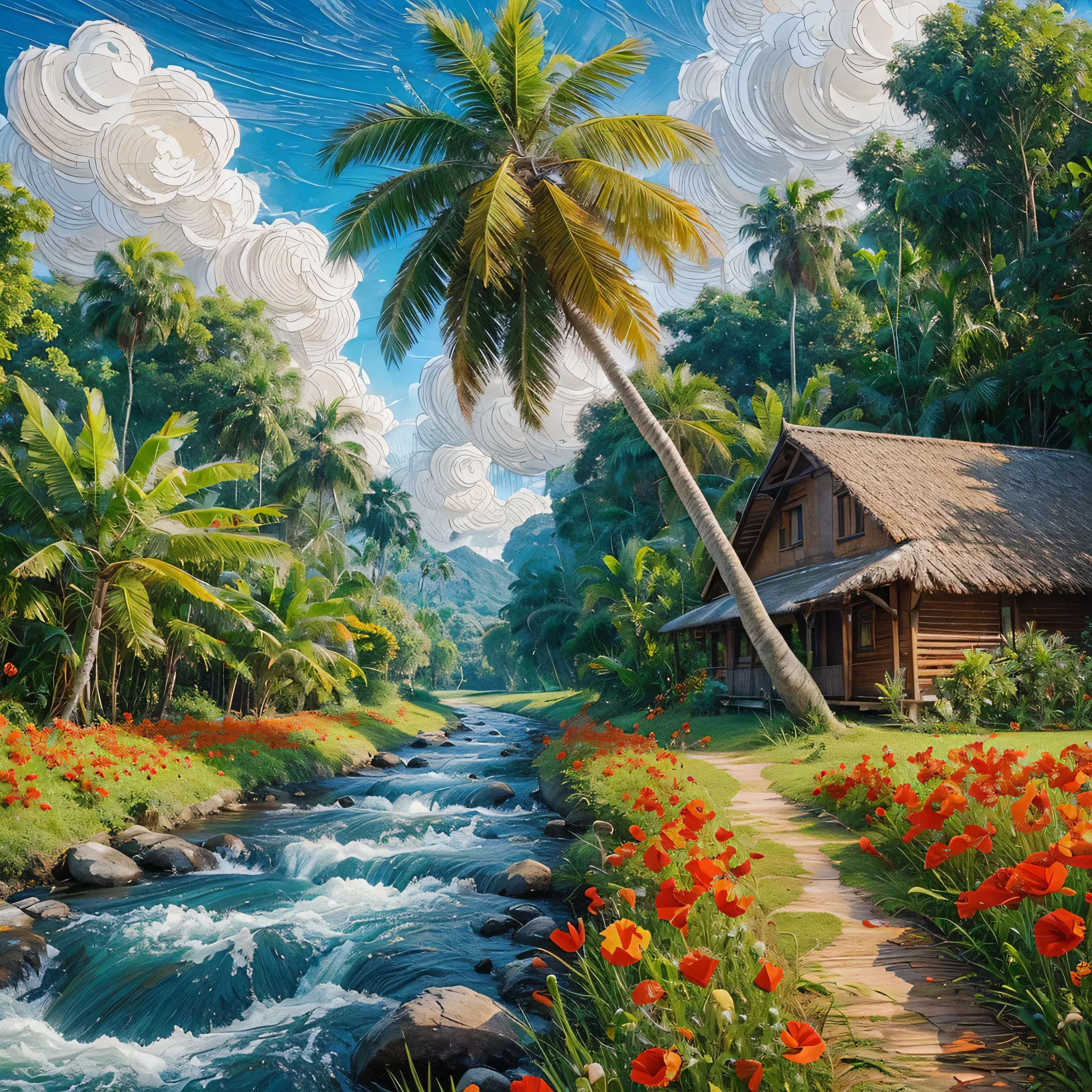 Dimensional impasto, coconut tree by the side of a village wooden house, flowing river by the coconut tree, grass, banana tree by the path, red poppies Flowers