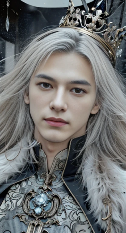 A Man with red eyes and white long hair, detailed face, clear skin, background is black, modelshoot style, photorealism, masterpiece, diversity, ((perfect face)), detailed hair, sharp eyes, handsome, smile, king, king tiara, white fur, triangle face, builted body.