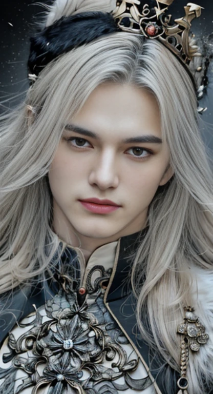 A Man with red eyes and white long hair, detailed face, clear skin, background is black, modelshoot style, photorealism, masterpiece, diversity, ((perfect face)), detailed hair, sharp eyes, handsome, smile, king, king tiara, white fur, triangle face, builted body.