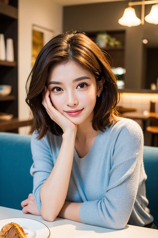 ((highest quality)), ((masterpiece)), (Familiar), Perfect Face, masterpiece、highest quality、High resolution、wallpaper、Realistic、Bright lighting、Professional Lighting、Face Light、Smooth lighting、Japanese women、20th Gen Midplate、so beautiful、Beautiful Skin、Beautiful and detailed、Familiar顔、slim、moderately、short hair、Brunette colored hair、Brown eyes、Looking at the camera、Cafe sofa、 commercial photography, Beautiful Instagram Influencer Girls, The best smile,Daytime、Grey camisole