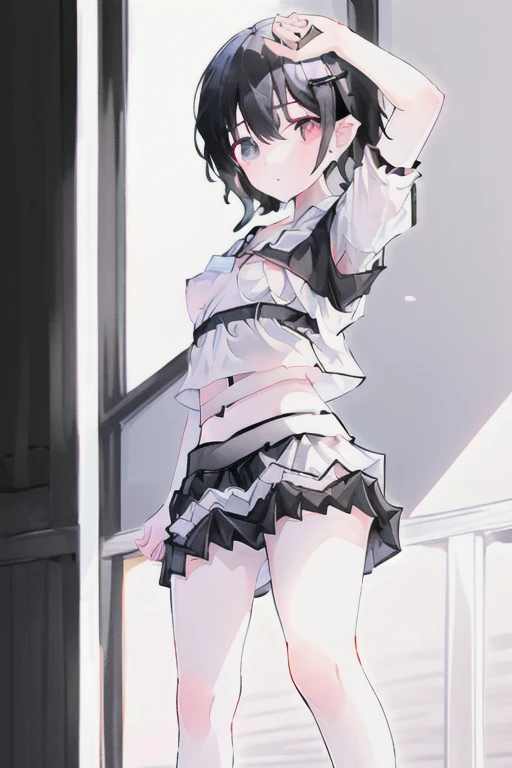 ((highest quality)), ((masterpiece)),Perfect Face,Very very cute girl,alone,((Black hair half-up)),JC,Japanese,(Small breasts:1.9),Thin legs,(White blouse:1.8),(black short skirt:1.8)