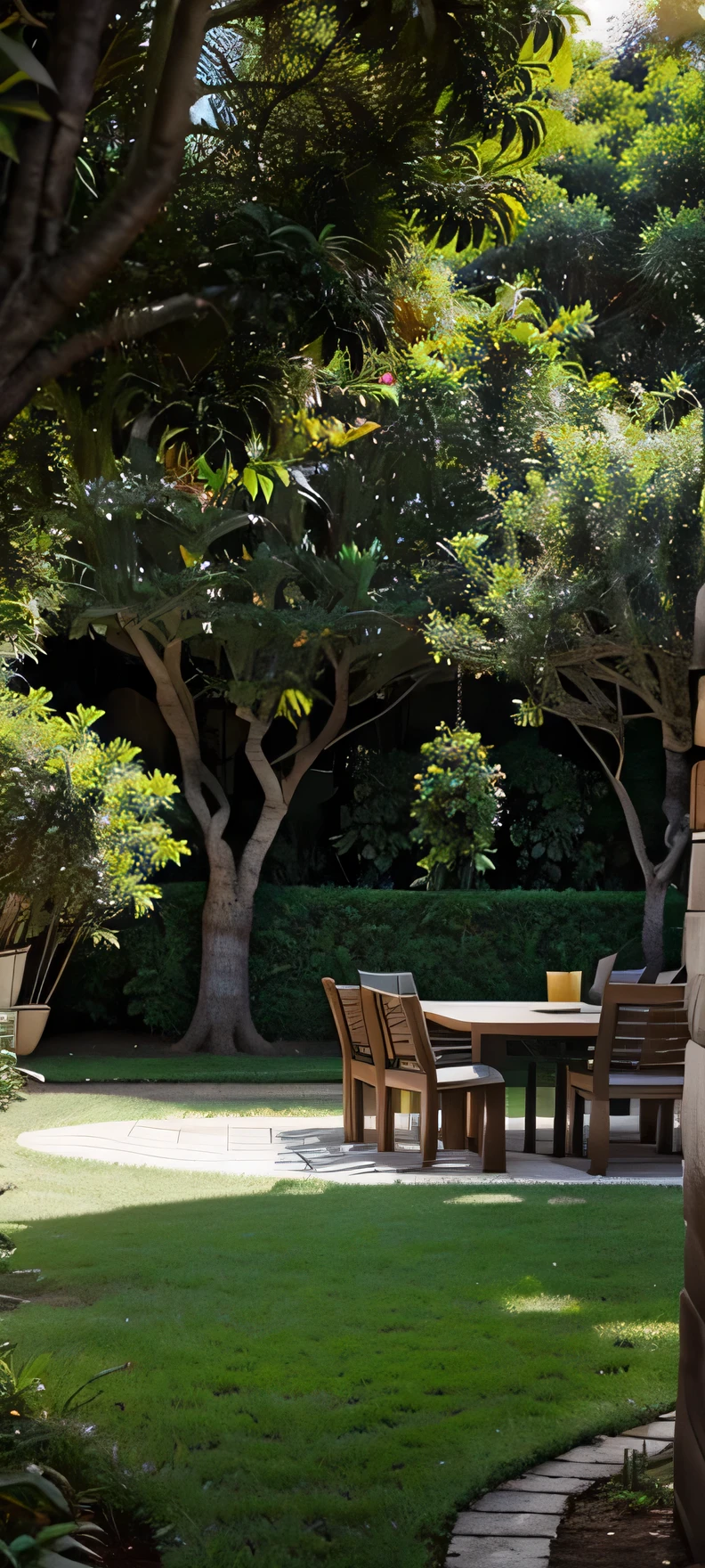 Crie um plano de fundo relacionado a jardinagem, que seja realista e que tenha arvores, plantas e ferramentas de jardinagem.