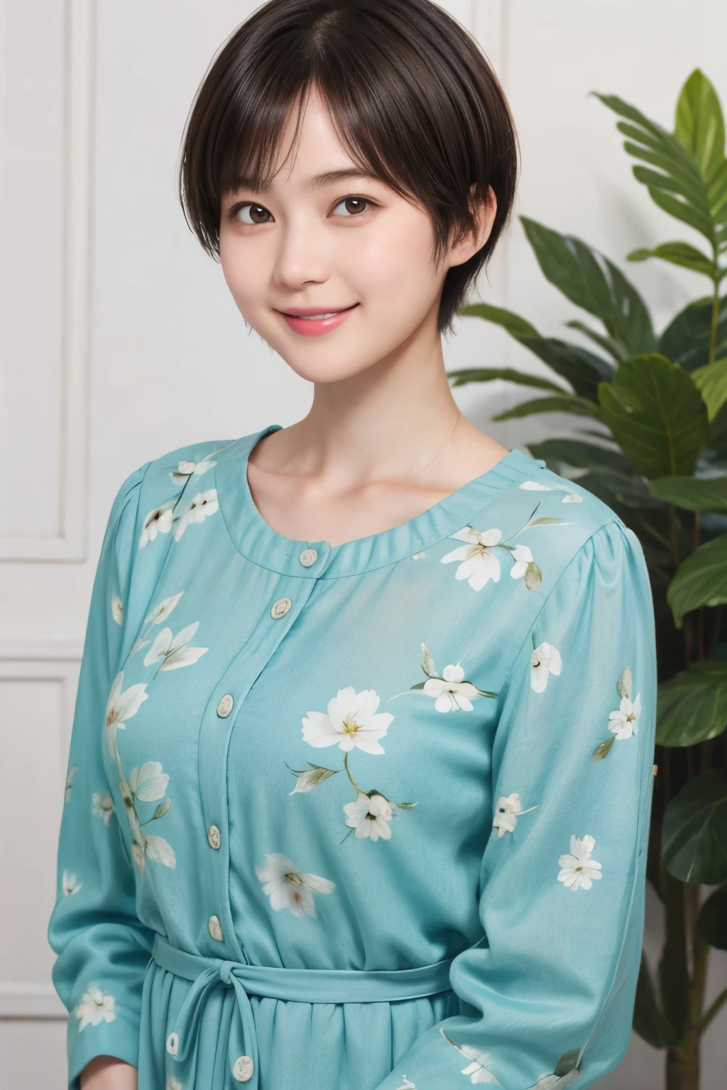 215 Short Hair, 20-year-old woman, A kind smile, Floral