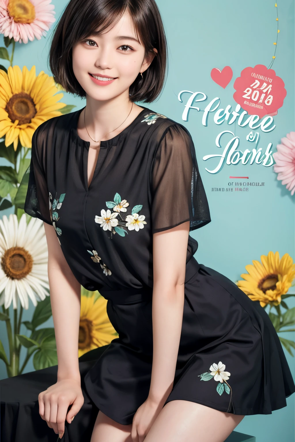 215 Short Hair, 20-year-old woman, A kind smile, Floral