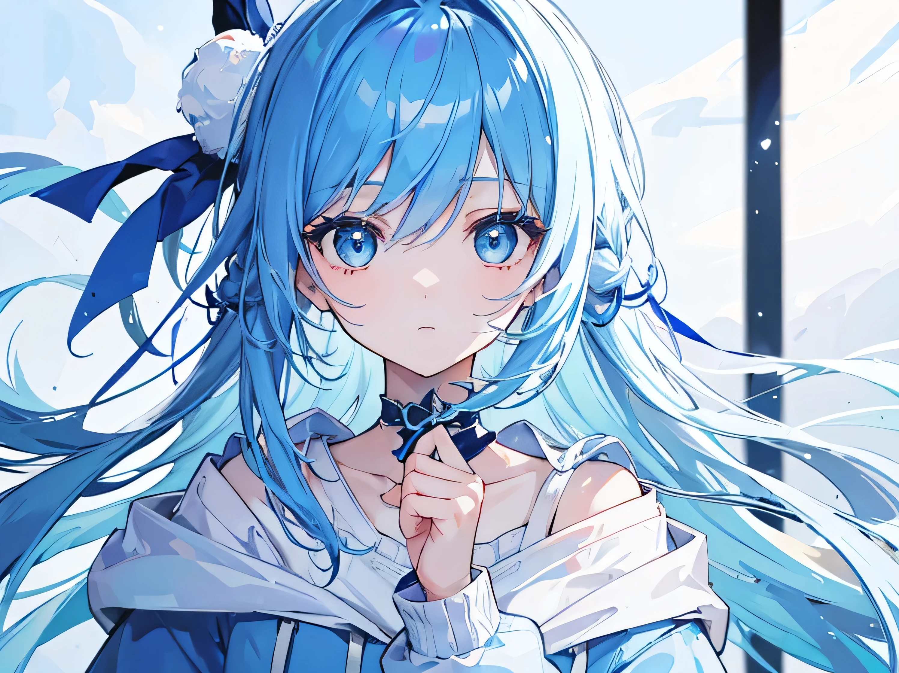 1girl, with light blue hair and blue eyes, wearing a hair ribbon and a blue and white hoodie. The scene is set in winter, with the girl looking directly at the viewer. This image can be used as a profile picture.