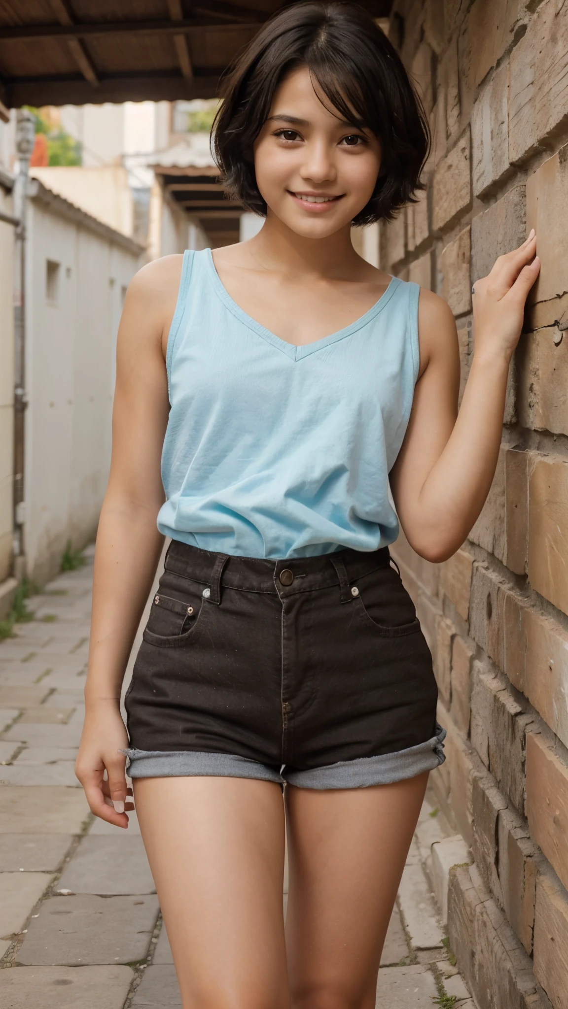black haired girl with short hair and brown eyes, small height sexy , culo grande, parada, sonriendo, poca ropa