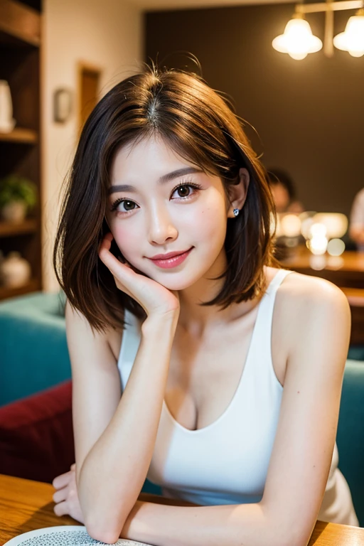 ((highest quality)), ((masterpiece)), (Familiar), Perfect Face, masterpiece、highest quality、High resolution、wallpaper、Realistic、Bright lighting、Professional Lighting、Face Light、Smooth lighting、Japanese women、20th Gen Midplate、so beautiful、Beautiful Skin、Beautiful and detailed、Familiar顔、slim、moderately、short hair、Brunette colored hair、Brown eyes、Looking at the camera、Cafe sofa、 commercial photography, Beautiful Instagram Influencer Girls, The best smile,Daytime
