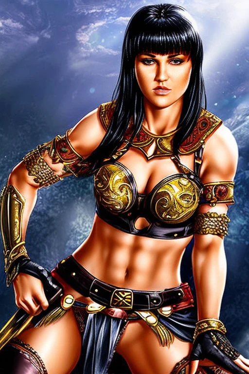 score_9, score_8_up, score_7_up, score_6_up, score_5_up, 1girl, Lucy Lawless, Xena: Warrior Princess, armor bra, exposed midriff, leather skirt, black hair, blue eyes, (insanely detailed, beautiful detailed face, masterpiece, best quality) 