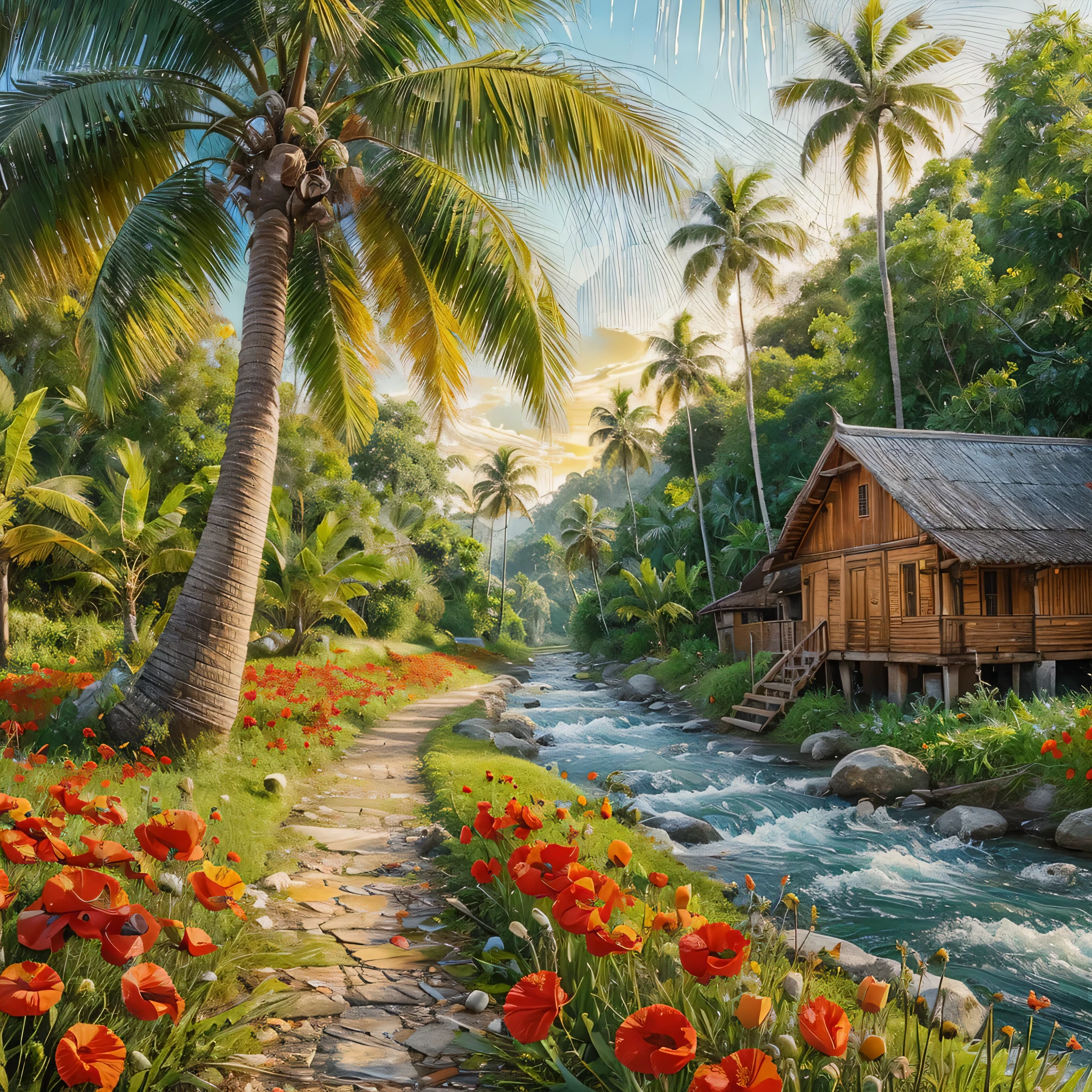 Dimensional impasto, coconut tree by the side of a village wooden house, flowing river by the coconut tree, grass, banana tree by the path, red poppies Flowers