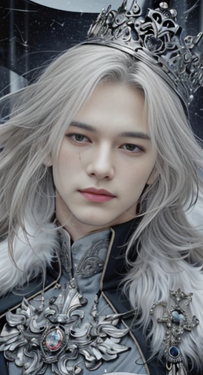 A Man with red eyes and white long hair, detailed face, clear skin, background is black, modelshoot style, photorealism, masterpiece, diversity, ((perfect face)), detailed hair, sharp eyes, handsome, smile, king, king tiara, white fur, triangle face, builted body.