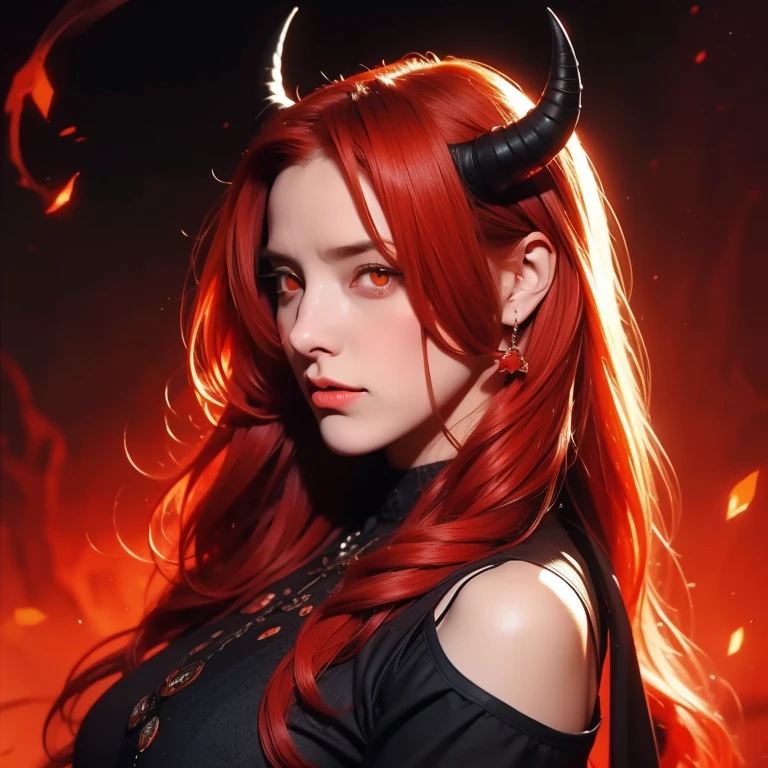 Woman, black horns, red hair, orange eyes, medieval background, devil