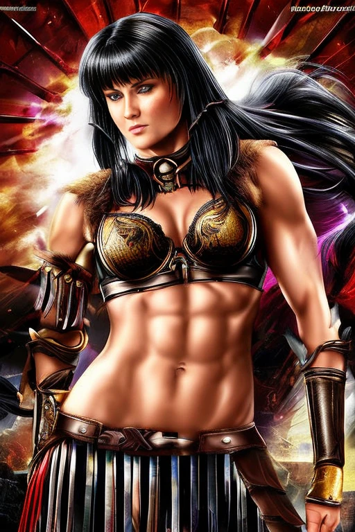 score_9, score_8_up, score_7_up, score_6_up, score_5_up, 1girl, Lucy Lawless, Xena: Warrior Princess, armor bra, exposed midriff, leather skirt, black hair, blue eyes, (insanely detailed, beautiful detailed face, masterpiece, best quality) 