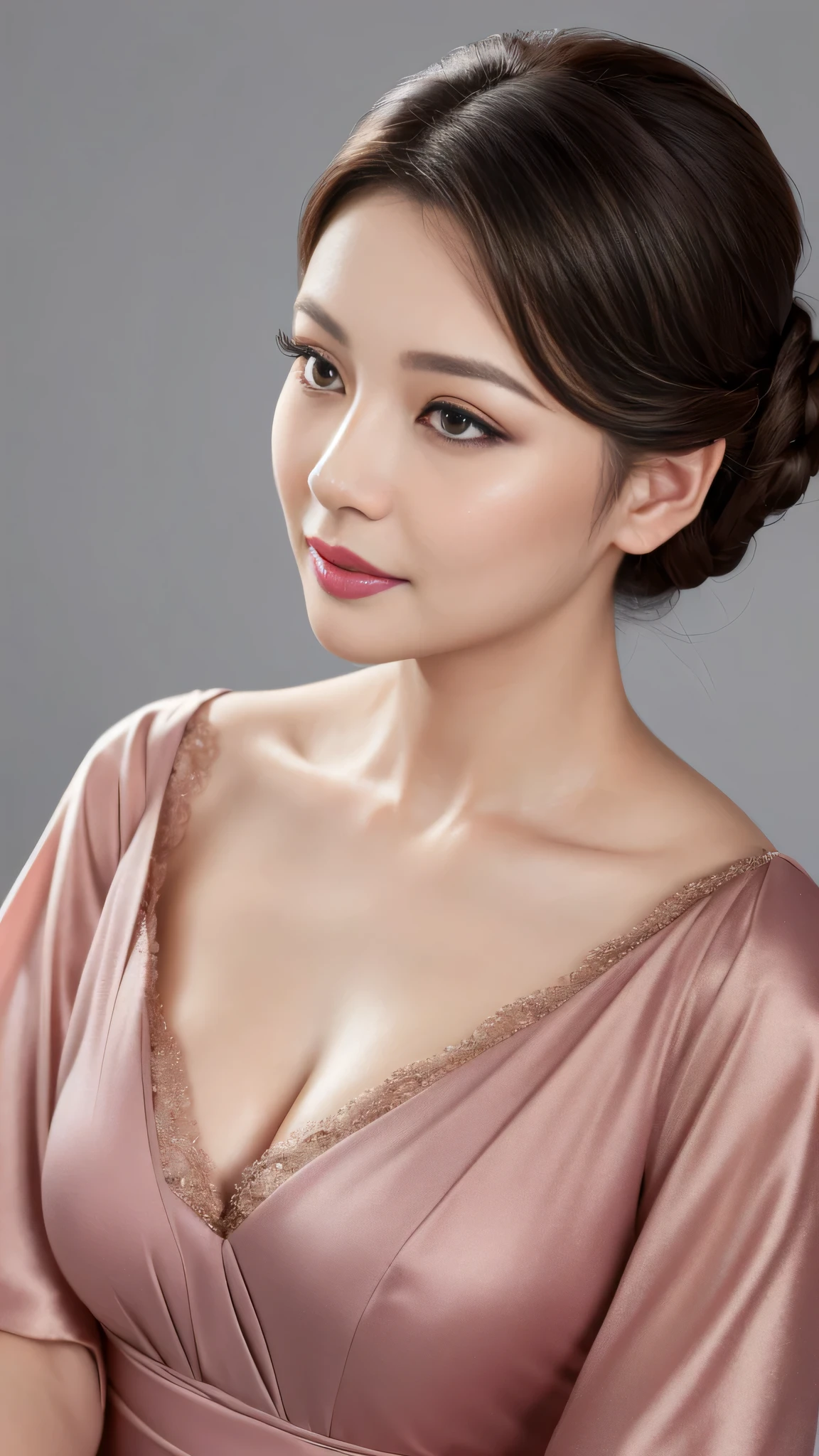 (highest quality、Tabletop、8k、Best image quality), The most beautiful and elegant mature women of 45 years old、(Face close-up:1.1)、(Perfect composition to capture the most beautiful women'Face:1.1)、Beautifully detailed face、A sad and fleeting smile stares at me、Perfect Makeup、clavicle、elegant black nightgown、Fascinating、Sexy Mature、Big Breasts、Plump body、boredom、lipstick、Long eyelashes、Perfect, shiny, beautiful lips、Fuller, fuller lips、Beautiful and elegant eyeshadow、The most beautiful and elegant hairstyles、(Accurate anatomy:1.1)、Perfect Makeup、(Simple background in a single color:1.1)