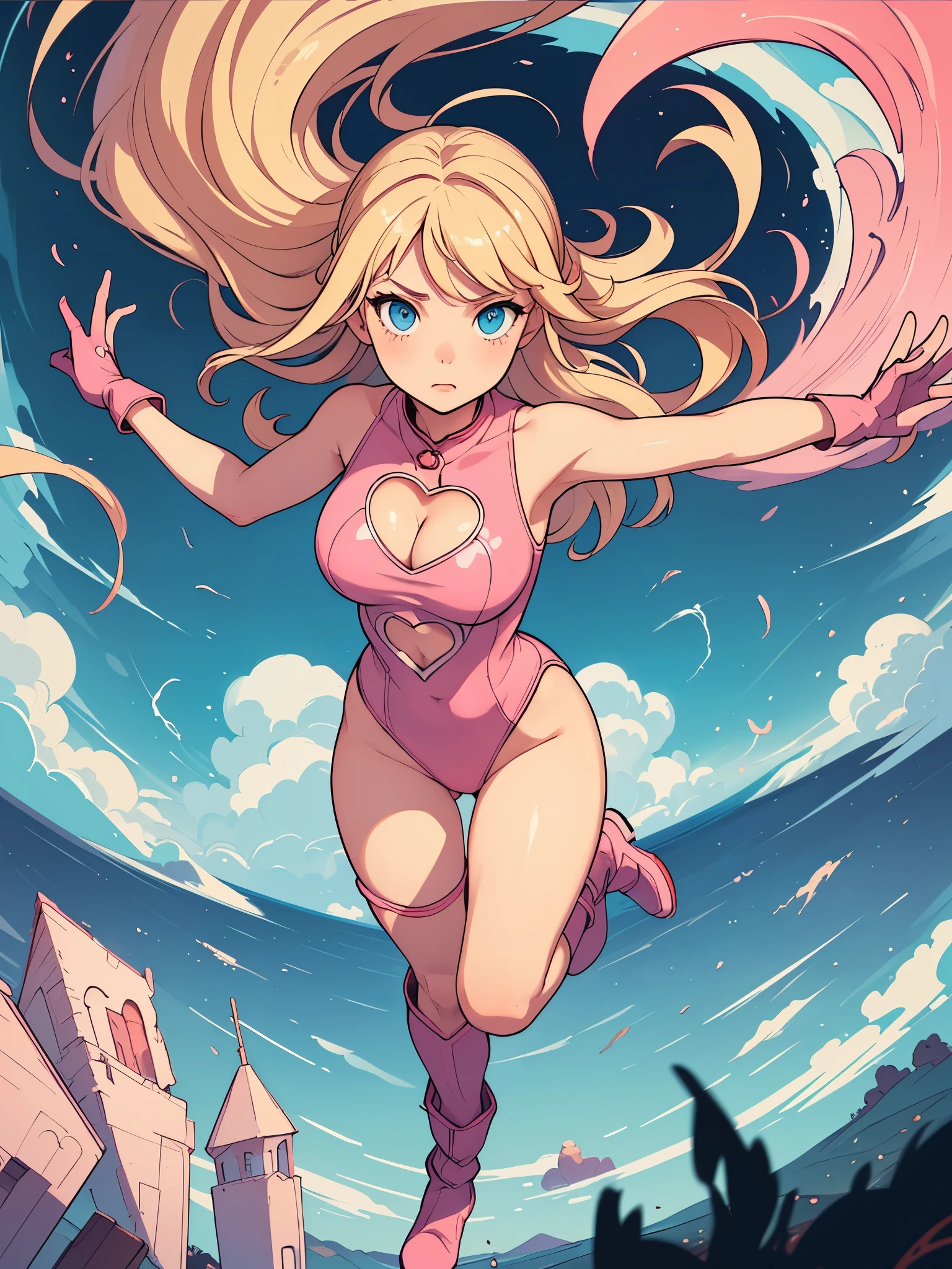 ((masterpiece)), ((best quality)), ((high res)), 1girl, solo, solo focus, (leotard, perfect leotard, pink leotard, sleeveless, bare legs), matching boots, looking at the viewer, blue sky backdrop, perfect hands, complete fingers, perfect anatomy, perfect proportions, medium breasts, (blonde hair, long hair, mid-length hair, hair down, bangs), knee boots, blue eyes, beautiful detailed eyes, beautiful detailed face, cute face, (cleavage heart cutout), pink gloves, pink footwear, superhero, heroic, (spread arms, spins in place like a tornado, spiral lines around, cyclone cloud around, tornado spinning), full body with costume