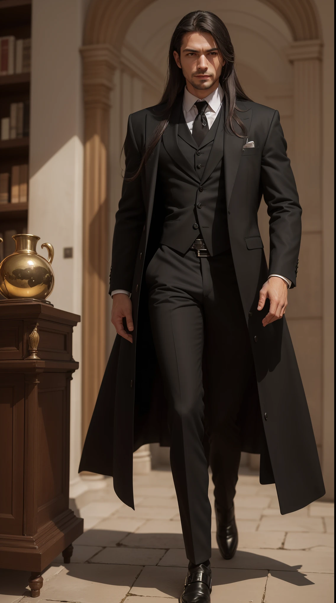 "((photorealism, high quality, detailing)), (half of the body) Strong man, Male appearance, Majestic magician-alchemist, Long dark hair, A European view, modernity, 21st century, Stylish black suit, long black cloak, magical atmosphere".
