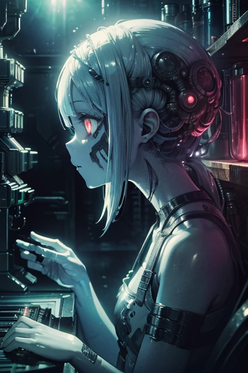 (BioPunk Girl:1.4), short mullet hairstyle, (Glowing scarlet eyes:1.1), (Translucent pale skin:1.4), No humans, Beautiful eyes with fine symmetry, bio body, (Intricate details:1.2), (Highly detailed face and eyes:1.2), (Super detailed skin quality feeling:1.4), No makeup, (dark circles:1.1), long canines, midnight aura, Creation of fantasy, Thrilling color schemes, inside laboratory, side view, CG, full body, (Delicate images), (Highly detailed), (high resolution), (Best quality), (masterpiece)