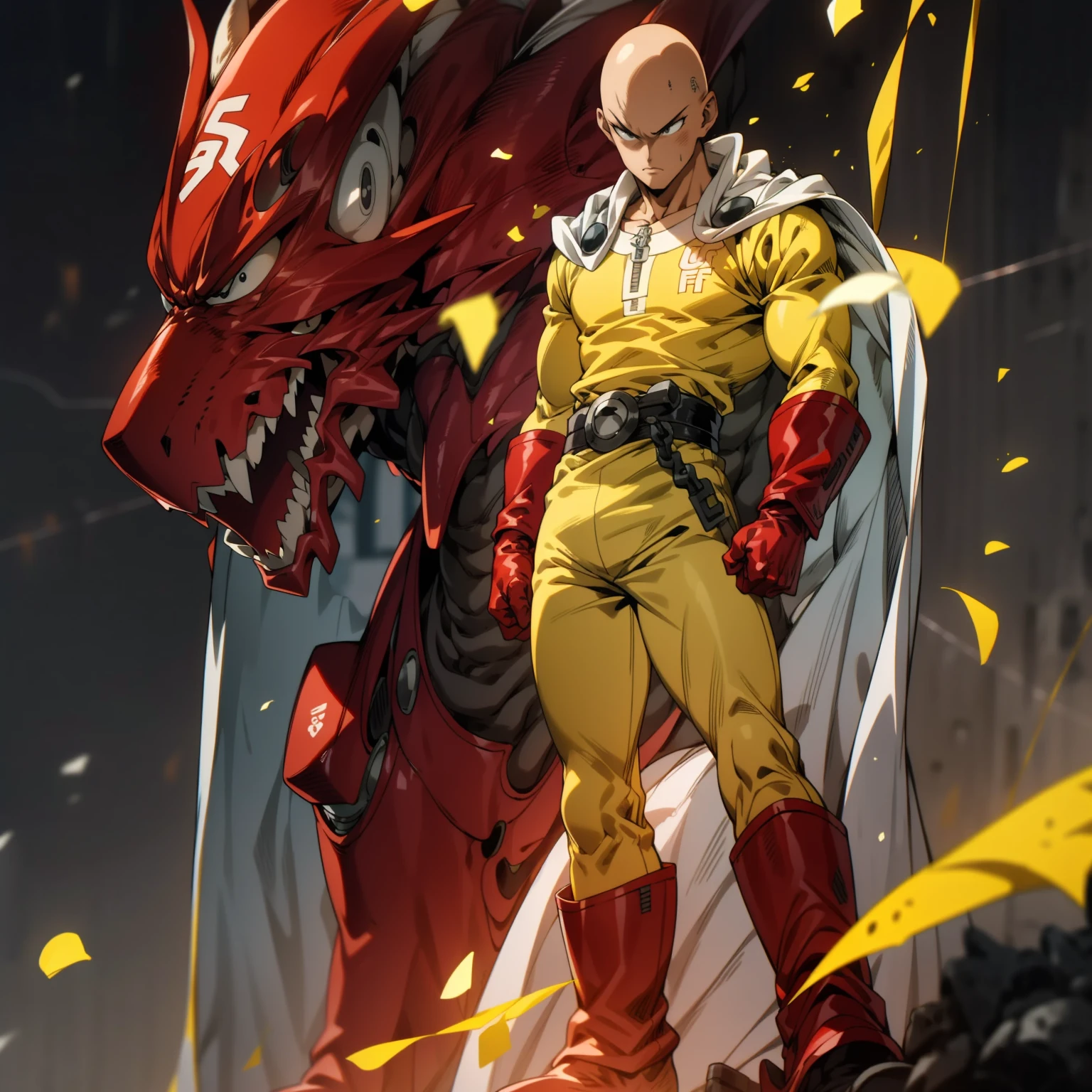 masterpiece, best quality, 1boy, (saitama), bald hair, black eyes, blue boot, red gloves, yellow clothes, white cape, standing, bored, angry face, aura power, night, natural light,standing, angry eyes, serious, male focus, strong muscles, movie composition, deth of field, bokeh, (futuristic), (full body).