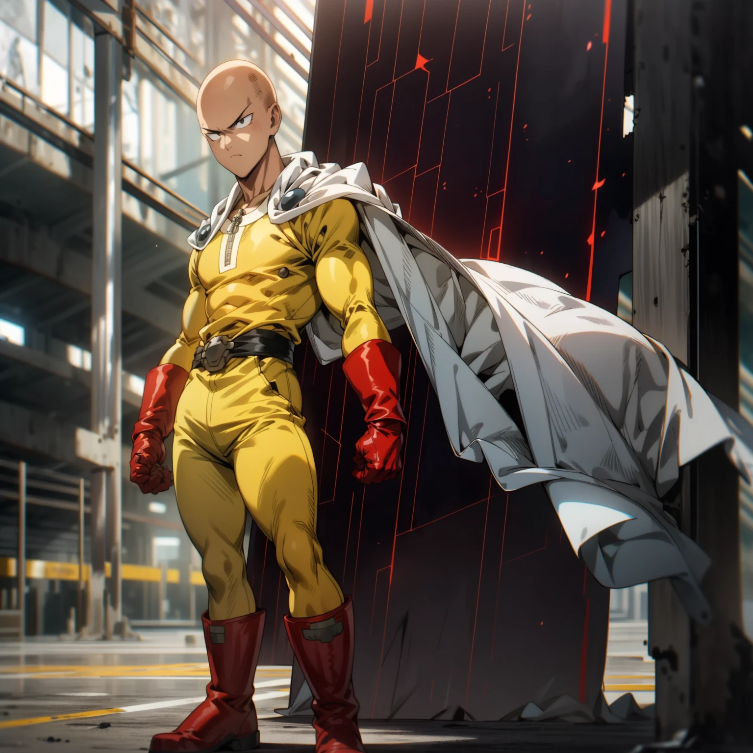 masterpiece, best quality, 1boy, (saitama), bald hair, black eyes, blue boot, red gloves, yellow clothes, white cape, standing, bored, angry face, aura power, night, natural light,standing, angry eyes, serious, male focus, strong muscles, movie composition, deth of field, bokeh, (futuristic), (full body).