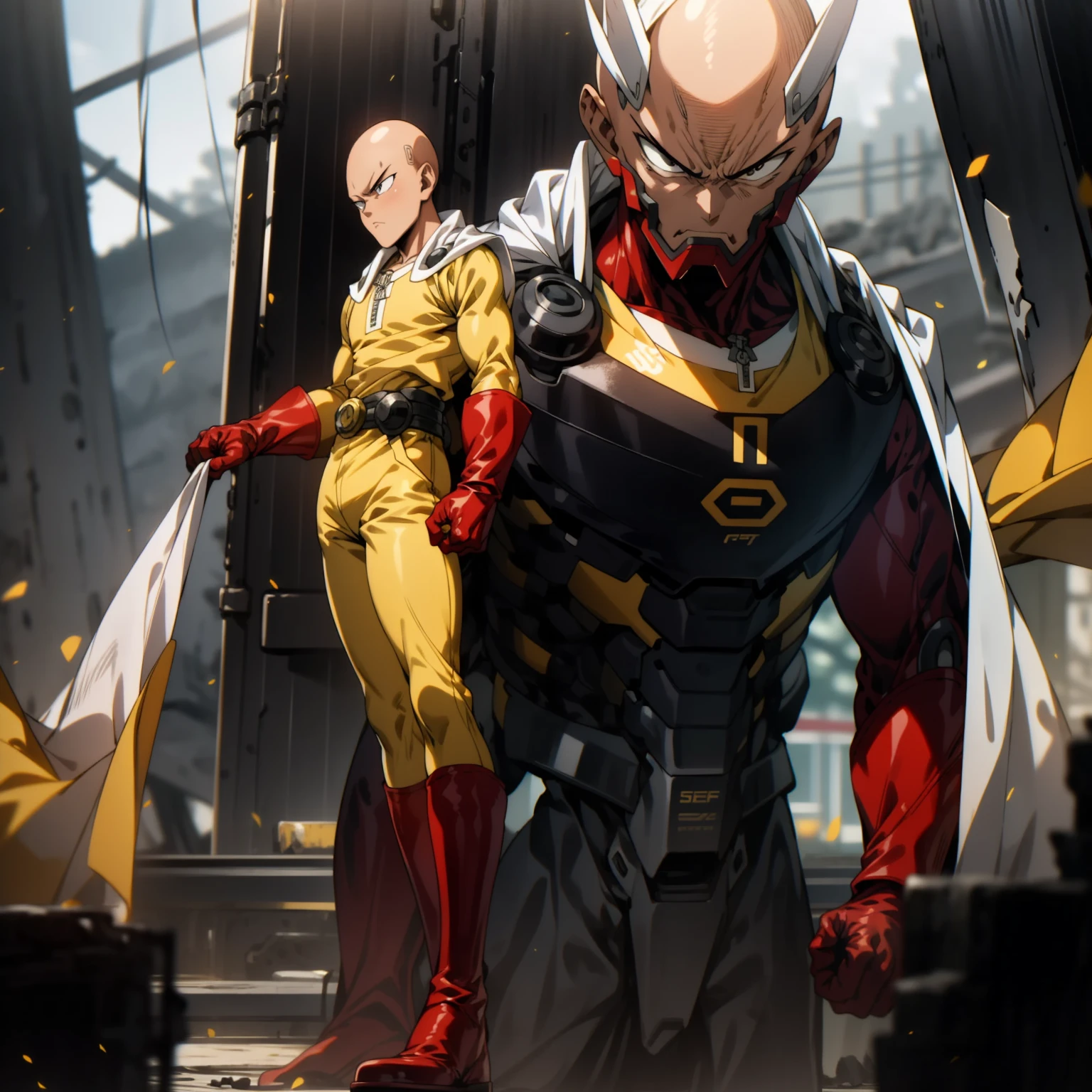 masterpiece, best quality, 1boy, (saitama), bald hair, black eyes, blue boot, red gloves, yellow clothes, white cape, standing, bored, angry face, aura power, night, natural light,standing, angry eyes, serious, male focus, strong muscles, movie composition, deth of field, bokeh, (futuristic), (full body).