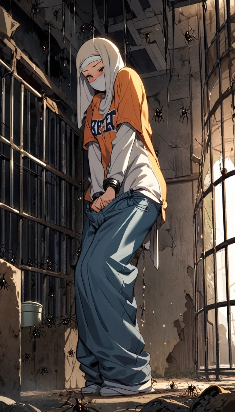 A woman stuck in the abandoned cage with full of tiny spiders, wearing hijab, jersey shirt, pull down her sagging jeans, large panties accidentally exposed, handcuffed on her head