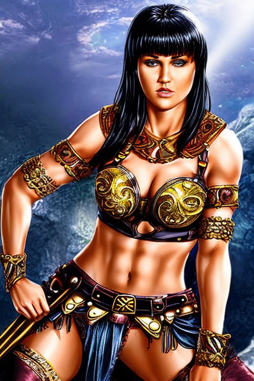 score_9, score_8_up, score_7_up, score_6_up, score_5_up, 1girl, Lucy Lawless, Xena: Warrior Princess, armor bra, exposed midriff, leather skirt, black hair, blue eyes, (insanely detailed, beautiful detailed face, masterpiece, best quality) 