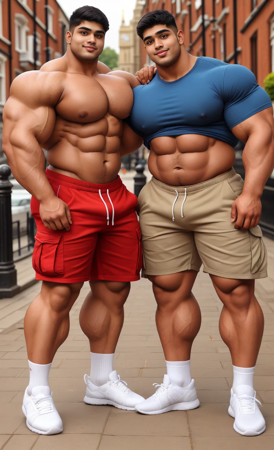 4 meter tall slightly overweight indian men. 20 years old. Young fresh face. In london with friend holding touching. Height difference of 2 heads. difference and Size difference. Very sexy Posing for camera. Muscular. Wearing cargo shorts, socks and sneakers. Slight belly fat. Big ass. Very long legs.