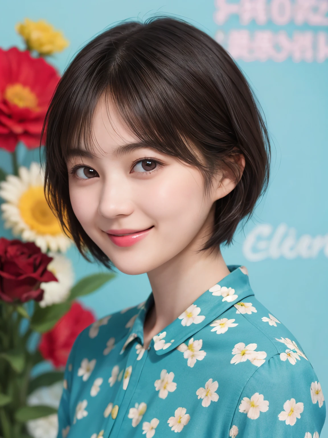 215 Short Hair, 20-year-old woman, A kind smile, Floral