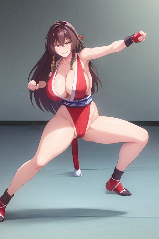 masterpiece, best quality, beautiful art, high resolution, well formed hands, body and fingers, 1 woman, solo, Sayuki Tokihara, adult, hair ornament, big breasted, cleavage, full body, long hair, hair ornament gorgeous legs and thighs, cosplaying as Mai Shiranui , she is fighting in a combat match at a martial arts tournament, she is getting ready to fight, making her guard pose, action and fighting scene, about to hit the viewer, looking at the viewer, sweating , feeling confident and proud, smiling joyfully and happily, charming her opponent with her beauty, bouncing breasts, fighting scene, martial arts tournament on the beach 