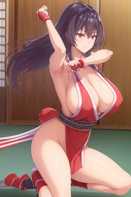 masterpiece, best quality, beautiful art, high resolution, well formed hands, body and fingers, 1 woman, solo, Sayuki Tokihara, adult, hair ornament, big breasted, cleavage, full body, long hair, hair ornament gorgeous legs and thighs, cosplaying as Mai Shiranui , she is fighting in a combat match at a martial arts tournament, she is getting ready to fight, making her guard pose, action and fighting scene, about to hit the viewer, looking at the viewer, sweating , feeling confident and proud, smiling joyfully and happily, charming her opponent with her beauty, bouncing breasts, fighting scene, martial arts tournament on the beach