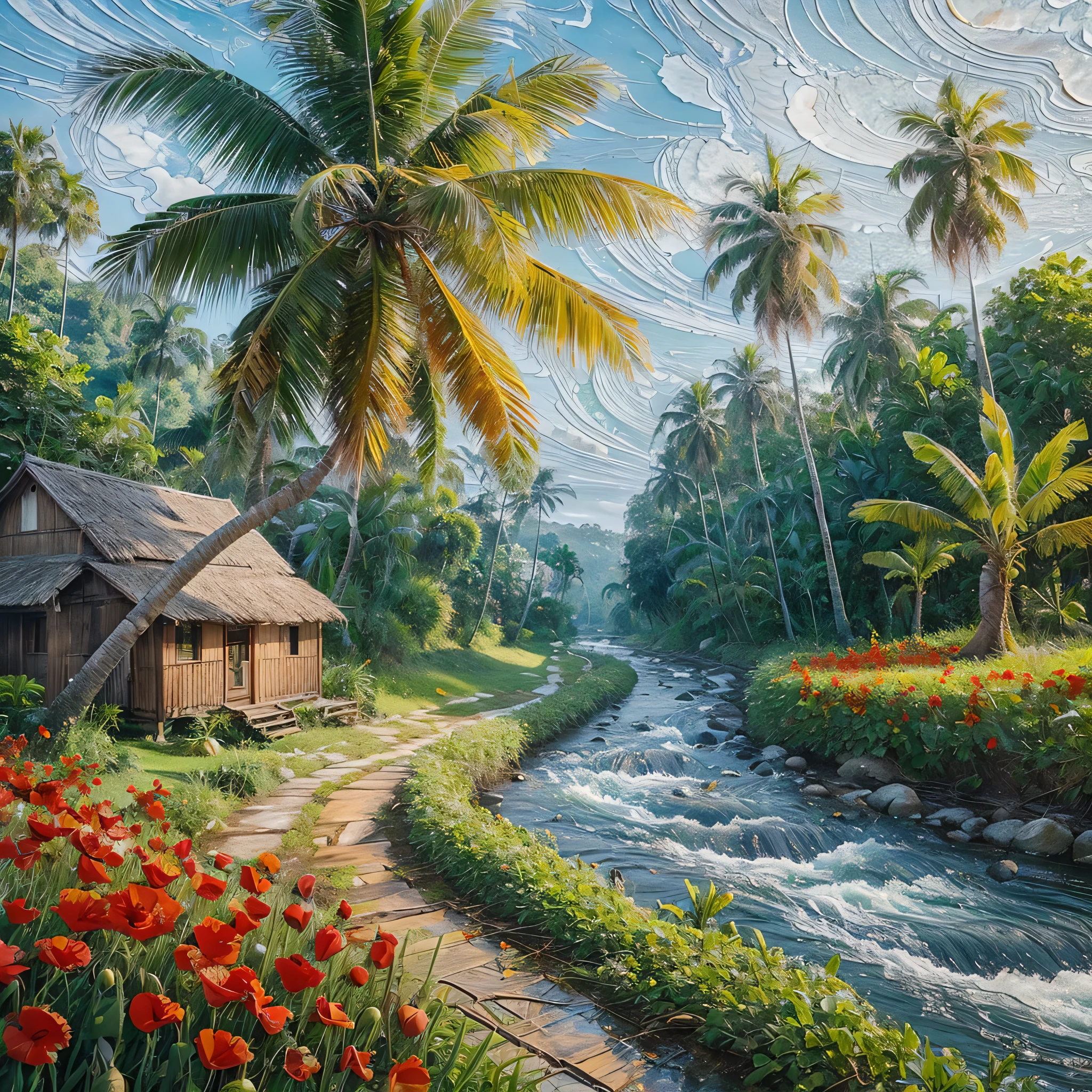 Dimensional impasto, coconut tree by the side of a village wooden house, flowing river by the coconut tree, grass, banana tree by the path, red poppies Flowers