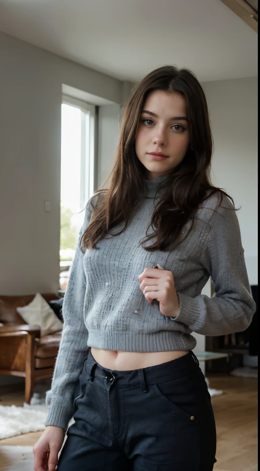 ((best quality)), ((masterpiece)), (detailed), perfect face realistic photo of beautiful woman with long dark brown hair, Russian, influencer, light freckles, dark brown eyes, big lips, no makeup, instagram, standing next to black wall, wearing sexy winter jumper