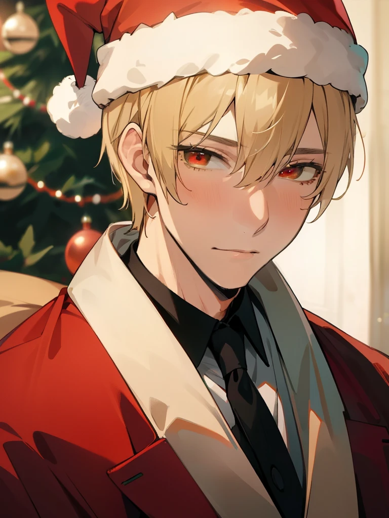 A mature young man with a youthful look,santa hat,Christmas tree,blonde,Green-red eyes,Elk ears,Facial details,Close shot