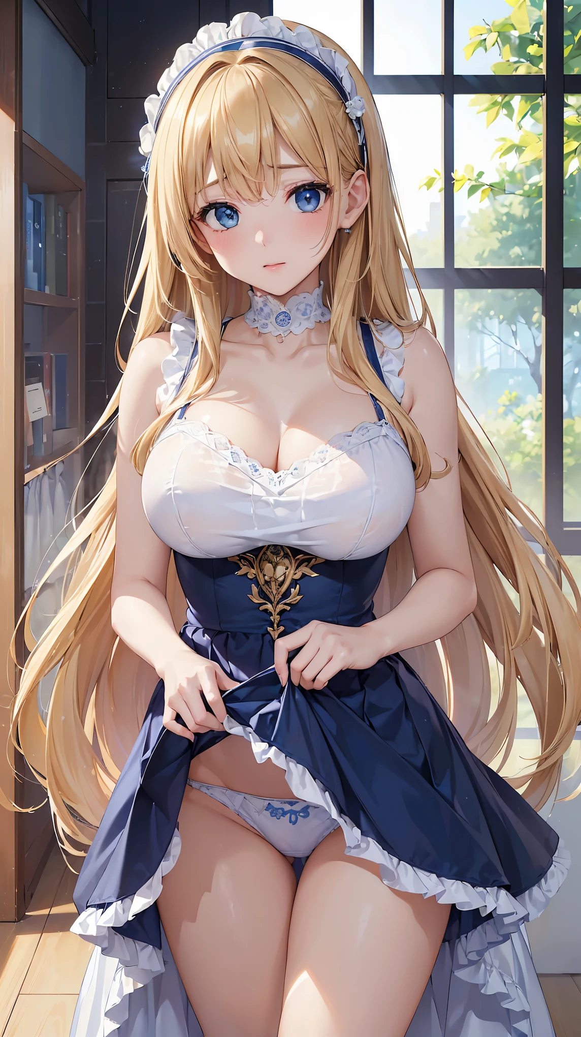 ((highest quality、High resolution、8k、masterpiece:1.3))、(((2girls))), Portrait、A beautiful woman、Perfect body、beautiful ample breasts、Long blonde、bangs、Blue and white、Embellished blue sexy dress、Embarrassed、((Lift up your skirt and show your panties))、I&#39;m tempting you