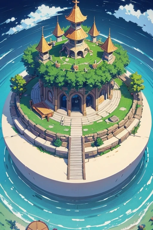 fantasy world, estilo isekai de anime, zona de comercio en la playa, estilo pixel art