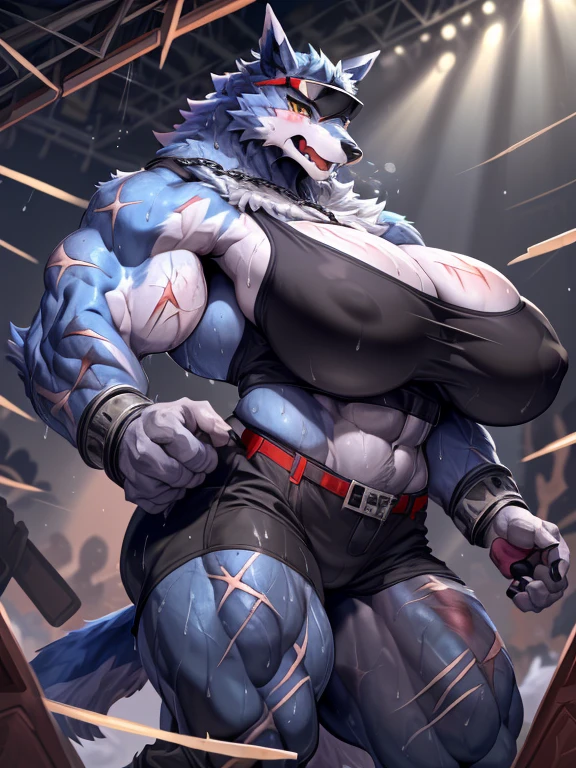 ((masterpiece)), ((8k)), ((SFW)), ((solo)), ((uploaded on e621)), (by slugbox), (by bonifasko), (by cervina7), (by null-ghost), (high resolution), ((Anime-ish high quality)), (best quality), (super fine illustration), (highly details), ((Machgaogamon)), ((black eyewear on head:1.3)), ((fluffy dog)), ((Female)), (anatomically correct), ((pawpads:1.4)), (five fingers), ((fluffy fur)), ((fluffy fur body:1.3)), ((detailed fluffy fur)), (highly detailed face), (detailed hands), (detailed body), ((detailed eyes)), (big yellow eyes), ((looking at viewer)), ((shoot from front)), ((face close-up)), ((crotch focus)), ((furry)), Adult, ((gigantic breasts:1.6)), ((sagging breasts)), navel, cleavage, Sexy, ((huge muscular female:1.3)), ((massive and strong body:1.3)), ((veins:1.6)), ((veiny muscles:1.3)), (veiny arms:1.3), (veiny legs:1.3), ((wide waist:1.4)), ((muscular arms)), ((muscular legs)), ((abdominal muscles:1.6)), (Oblique muscle), serratus anterior muscle, ((thick thighs:1.3)), ((wide hip)), ((blush)), ((angry)), (long snout), big tail, ((fangs)), open mouth, (claws), ((breath visible)), ((sweaty:1.8)), ((sweats dropping:1.8)), ((many scars all over the body:1.8)), ((many scratches all over the body:1.8)), ((a lot of claw marks all over body:1.8)), ((detailed scars)), ((deep scars)), ((black sports bra with buckle:1.3)), ((black tight hot pants:1.3)), ((red belt with silver buckle:1.3)), ((nipple outline)), ((dog tags around neck:1.3)), ((dynamic pose:1.3)), ((fist fight)), ((battle scene:1.6)), ((iron shackles with big chains:1.6)), ((in the prison)), ((a crowd of furry:1.3)), ((detailed background)), ((cinematic lighting)), ((gorgeous light and shadows)), ((highly detailed background)),